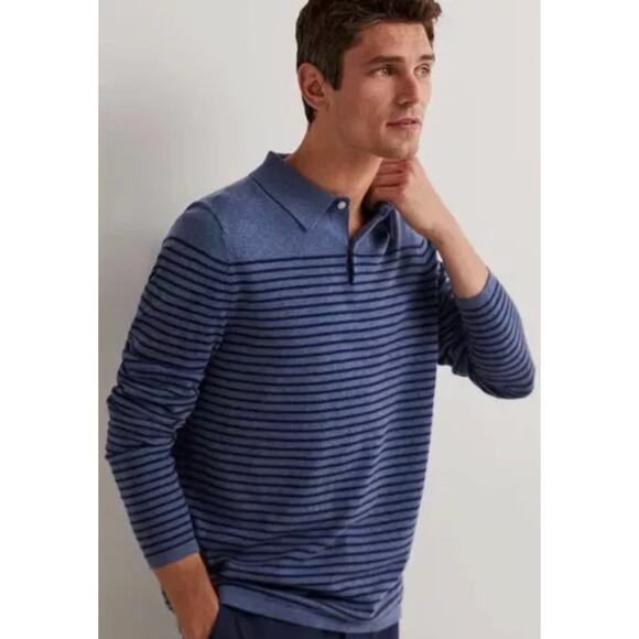 Boden Men's Merino/ Cotton Blue Striped Polo Knit Shirt Size Large - Picture 1 of 5